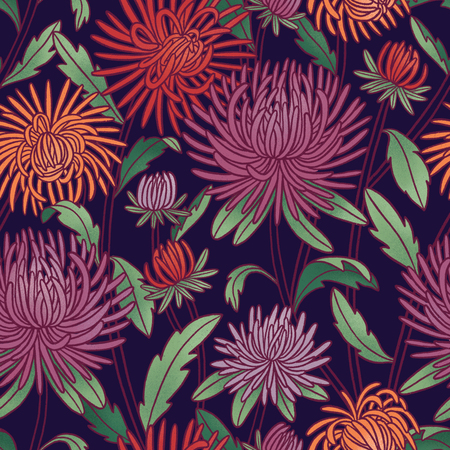 Moody aster flowers seamless patternの写真素材