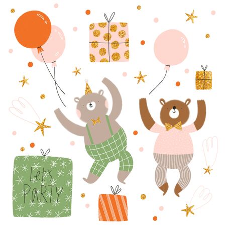 Birthday with teddy bears isolated illustrations setの写真素材