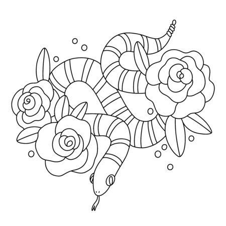 Snake with roses, vector outline illustrationのイラスト素材