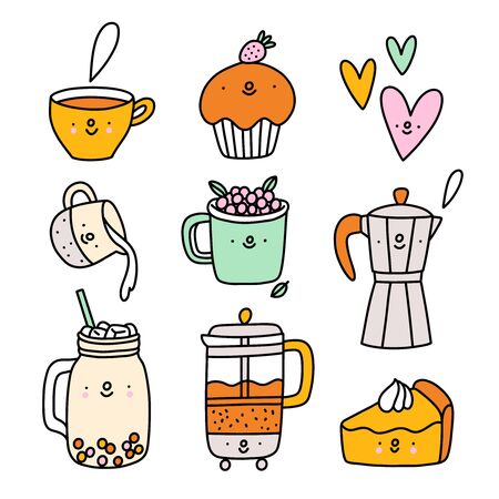 Cute coffee and tea cartoon characters, vector setのイラスト素材