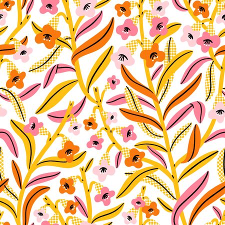 Pink, yellow and orange floral vector patternのイラスト素材