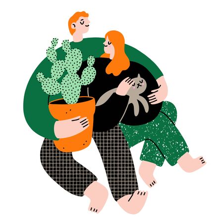 Stay home, cute couple with cat, vector illustrationのイラスト素材