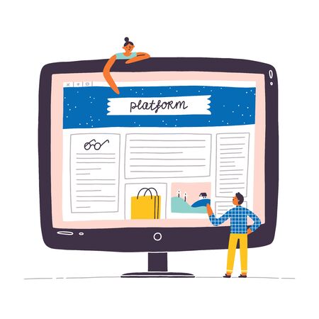 Web design mockup vector illustration, designer and it specialist, monitor with web page designのイラスト素材