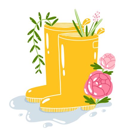 Yellow rain boots with flowers, cartoon vector illustrationのイラスト素材