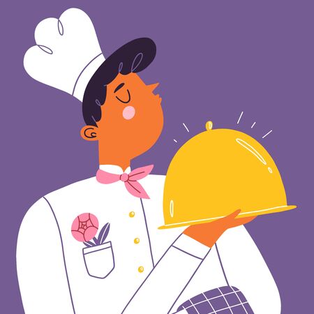 Young chef cook with a shiny golden tray, vector cartoon illustrationのイラスト素材