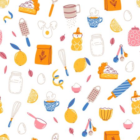 Lemon pie recipe ingredients, vector seamless patternのイラスト素材