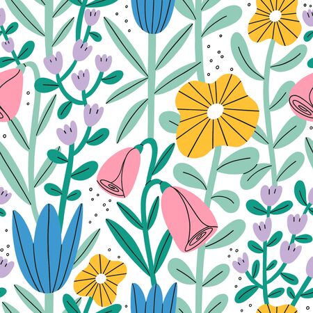 Gentle abstract pastel floral garden, vector seamless patternのイラスト素材