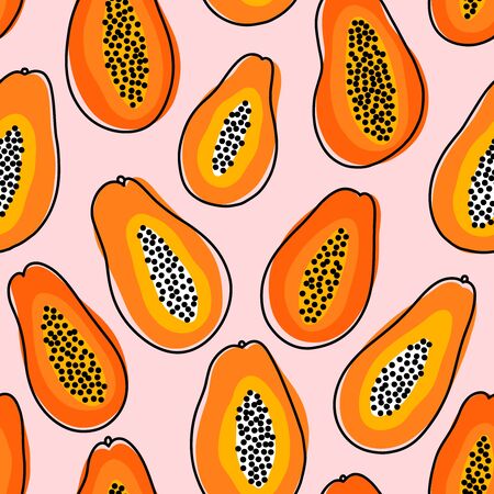 Abstract tasty papayas summer vibes, exotic fruit, vector seamless patternのイラスト素材