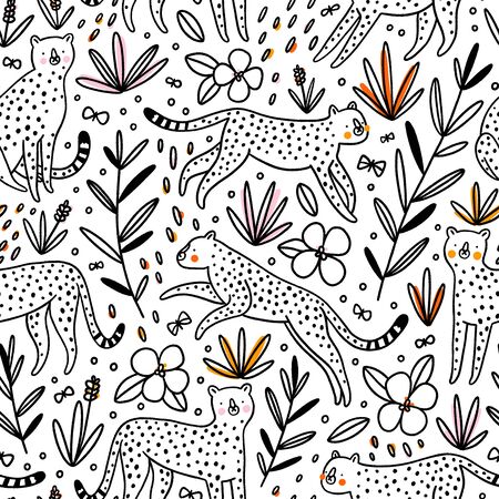 Cute cheetahs hunting butterflies, outline vector seamless pattern with small colorful spotsのイラスト素材