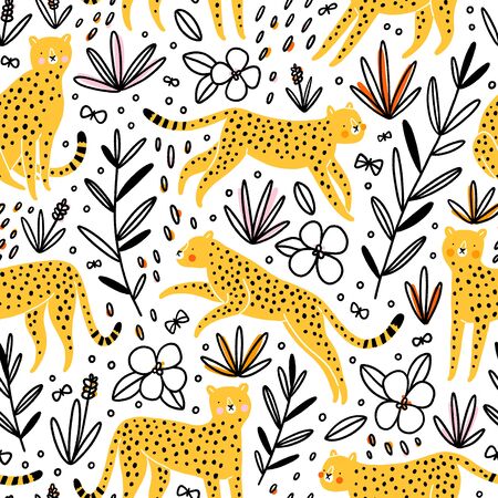 Cute yellow cheetahs hunting butterflies, outline vector seamless pattern with small colorful spotsのイラスト素材