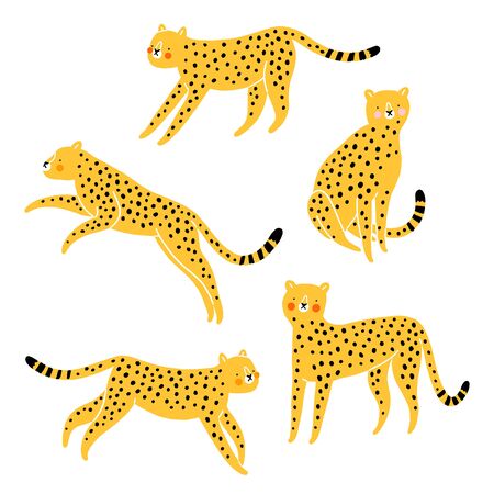 Five cute cheetahs, yellow with red cheeks, cartoon vector setのイラスト素材
