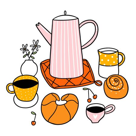 Doodle breakfast, good morning, cherry, bun, croissant, flowers and a lot of coffee, vector illustrationのイラスト素材