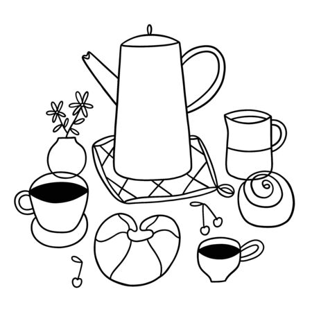 Doodle breakfast, good morning, cherry, bun, croissant, flowers and a lot of coffee, vector outline illustrationのイラスト素材