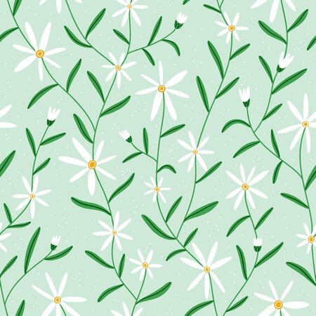 Pretty little white daisy flowers on mint background, vector seamless patternのイラスト素材
