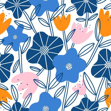 Abstract flower garden, blue, pink and orange floral blossoms, vector seamless patternのイラスト素材