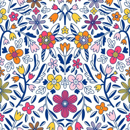Abstract floral symmetrical, ornamental motives with flowers, vector seamless patternのイラスト素材