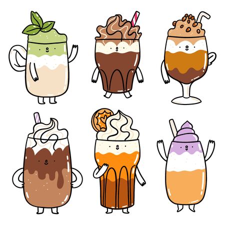 Different types of coffee drinks, cute cartoon characters vector setのイラスト素材