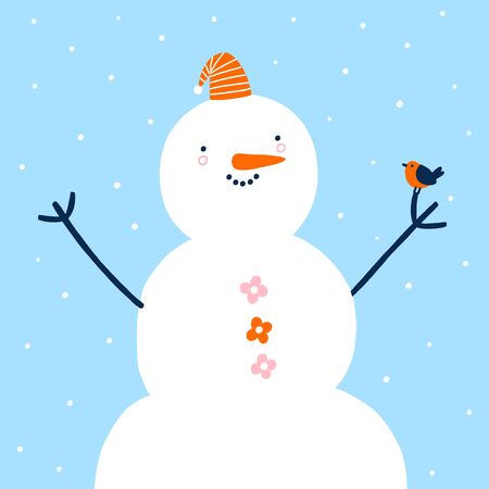 Funny snowman with a cute little bird, vector illustrationのイラスト素材