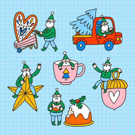Cute little elfs, Santa helpers with Christmas decorations, cake and tree, vector illustration setのイラスト素材