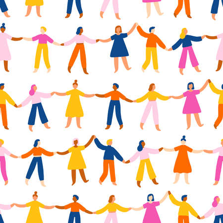 People holding hands, worldwide international friendship, bright vector seamless patternのイラスト素材