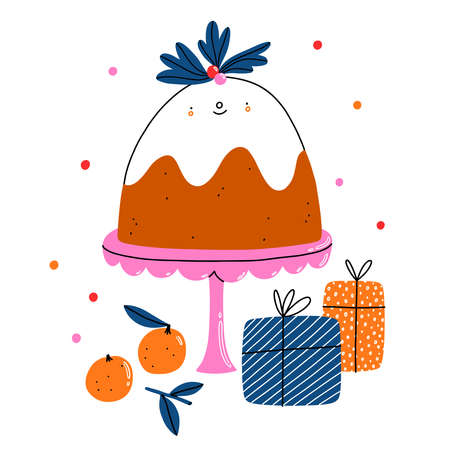 Cute Christmas pudding cartoon character with gifts and confetti, isolated vector illustrationのイラスト素材