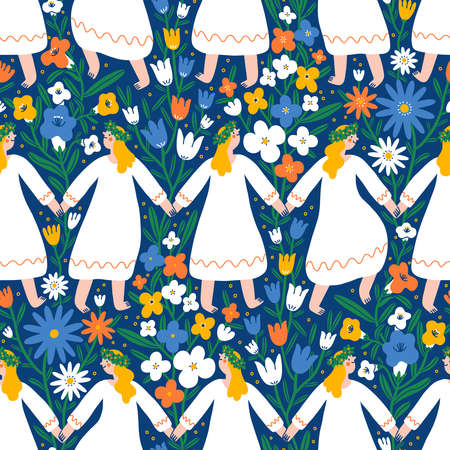 Midsummer festival, summer holiday, dancing girls in flower field, beautiful vector seamless patternのイラスト素材