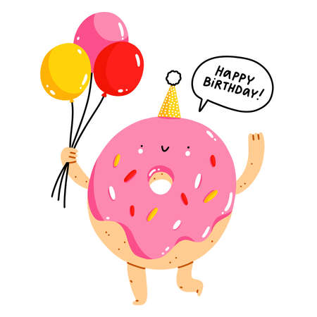 Cute cartoon donut character with balloons, happy birthday isolated vector illustrationのイラスト素材