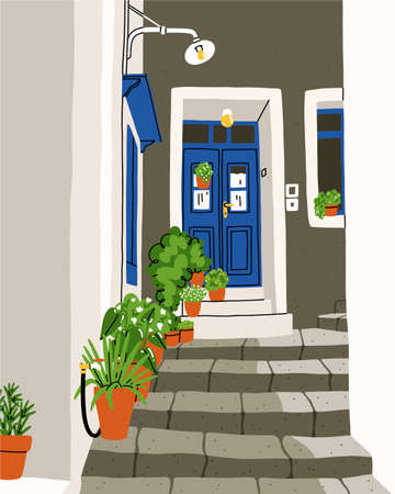 Common South European street, tiny and cozy with a lot of plants, white walls and colorful doors, summer vector illustrationのイラスト素材