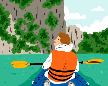 Kayaking at beautiful and exotic river, boy in kayak boat, safe sport, vector illustrationのイラスト素材