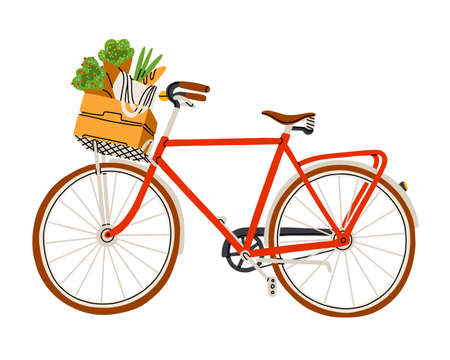 Red bicycle with flowers and groceries in a wooden basket, isolated vector illustrationのイラスト素材