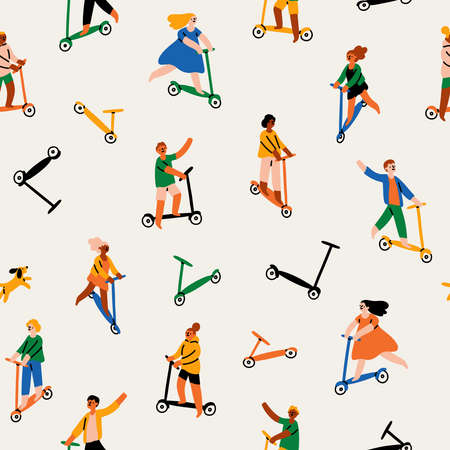 Barefoot skating may be traumatic but also fun, multicultural people riding kick scooters, vector seamless patternのイラスト素材