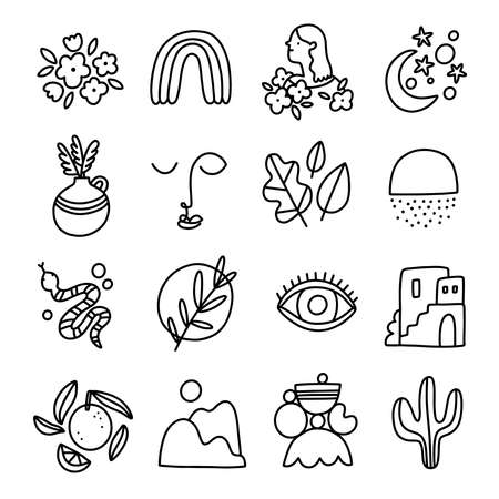 Little modern style black and white outline abstract and isolated illustrations collection, vector setのイラスト素材
