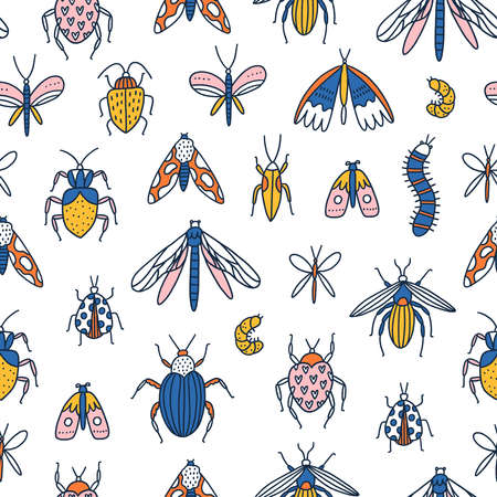 Colorful cartoon insects, bugs and beetles on white background, vector seamless patternのイラスト素材