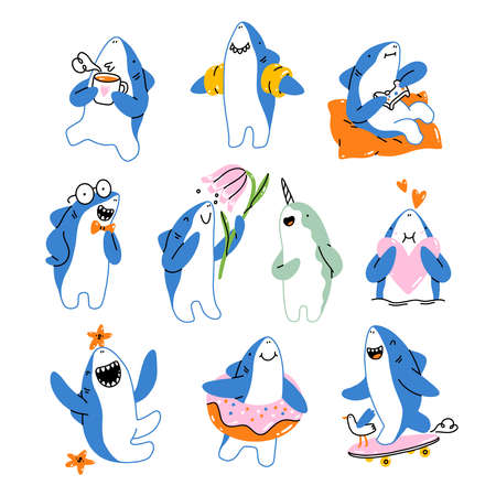 Cute shark and narwhal cartoon mascot collection, 10 charactersのイラスト素材