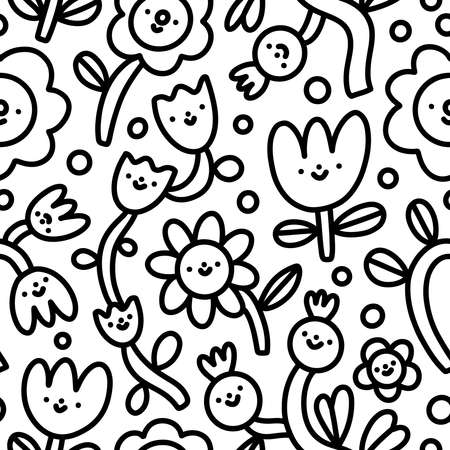 Doodle funny flowers characters, nursery background, simple black and white vector seamless patternのイラスト素材