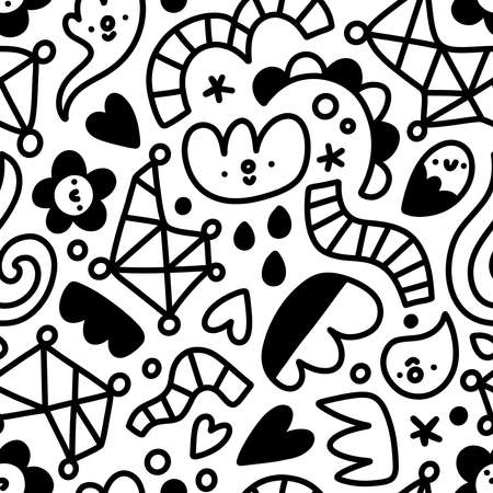Let me doodle it for you, abstract funny shapes and flowers, kids cartoon doodles, vector seamless pattern, black and whiteのイラスト素材