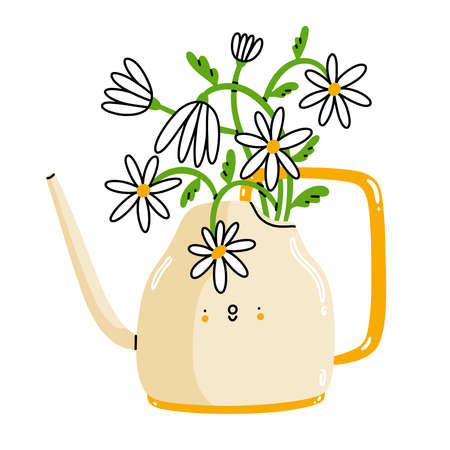 White watering can, cute cartoon character with chamomile flowers, vector illustration isolated on white backgroundのイラスト素材