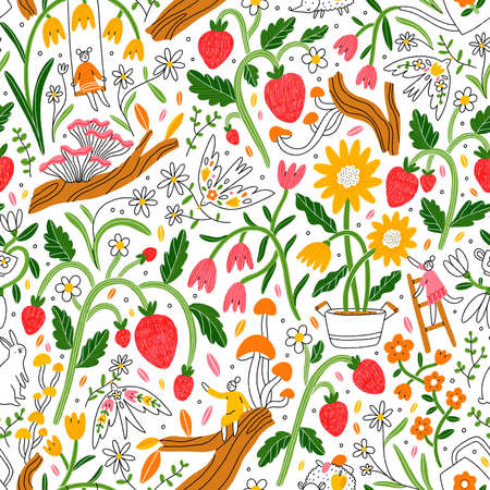 Welcome to my beautiful garden. Flowers, mushrooms, birds, little people, happy summer seamless pattern illustrationの写真素材