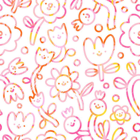 Cute flower doodles with pink, yellow and orange marble texture, fun abstract seamless pattern illustrationの写真素材