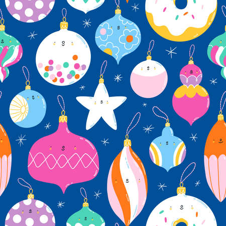 Colorful christmas tree vintage glass toys characters, seamless pattern illustration on blueの写真素材