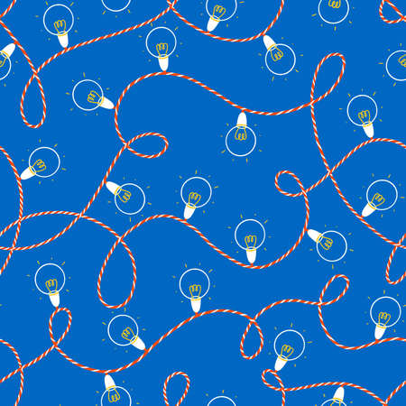 Seamless pattern of christmas lights garland on blueの写真素材