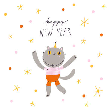 Pretty cat character celebrating new year with confetti and starsの写真素材