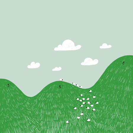Cute cartoon hills characters with green grass, clouds and sheeps, vector illustrationのイラスト素材