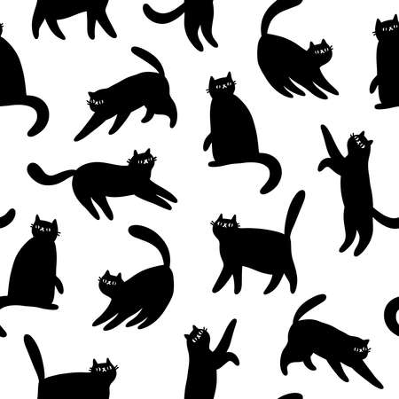 Black cartoon cats silhouettes, vector seamless pattern, black and white backgroundのイラスト素材