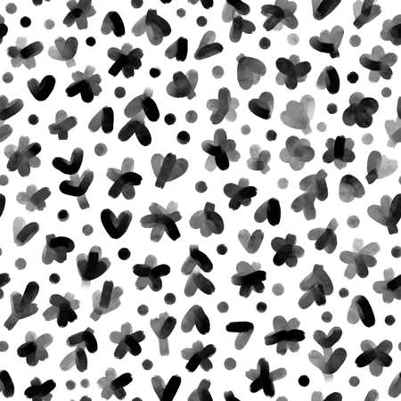 Abstract hand drawn black and white flowers, hearts and different shapes seamless pattern illustration, isolated on white backgroundの写真素材