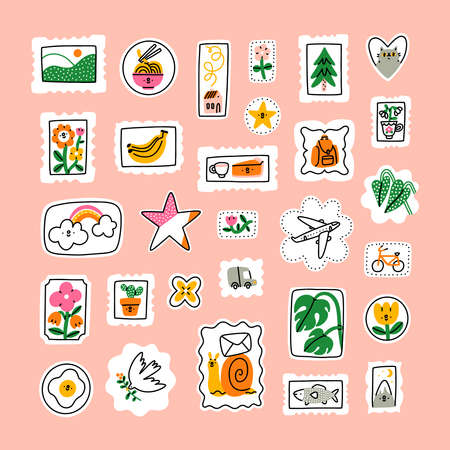 Awesome cartoon mail stamps collection, vector illustrations set. Stamps with cat, flowers, rainbow, bananas, landscape, mountain, noodles, monstera, plane, pie, fish, birdのイラスト素材