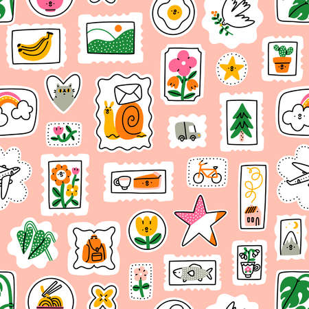 Funny cartoon mail stamps vector seamless pattern. Stamps with cat, flowers, rainbow, bananas, landscape, mountain, noodles, monstera, plane, pie, fish, birdのイラスト素材