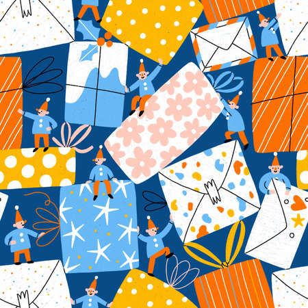 Santa's little helpers with colorful gifts and presents, celebrating winter holidays. Get ready for holiday season!の写真素材