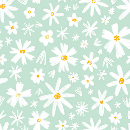 White hand drawn flowers on mint background, illustration seamless patternの写真素材