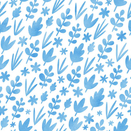 Light blue leaves silhouettes, illustration seamless pattern, isolated on white backgroundの写真素材